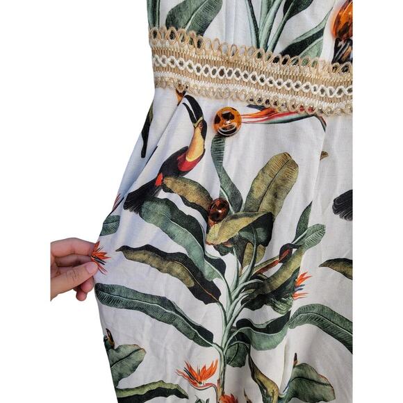 PatBo Tropical Bird Print Crochet Lace Tortoise Button Resort Beach Jumpsuit 4‎ - Picture 3 of 12